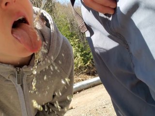 outside, pee, nerdy girl glasses, piss lick