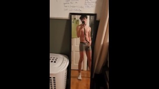 Boy strips and jerks off in collar and leash - short