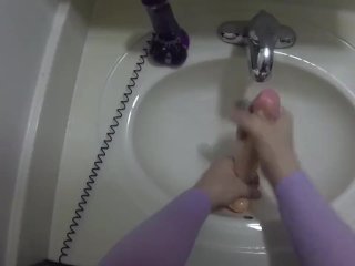 suction cup dildo, solo female, babe, washing hands
