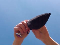 Black Dress, Nipple Clamps, and Buttplug Play Outside