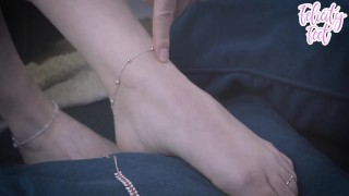 Nylon sideways footjob sexy toes wrap around his cock huge cumshot with cock ring 