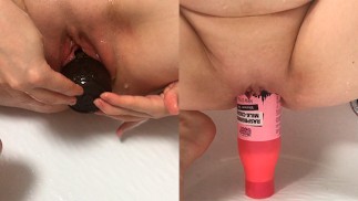 Inserimento di grandi bottiglie di shampoo Fisting la mia figa