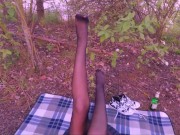 Preview 3 of Perv Spies on Pantyhose Babe in Forest & Gets a Blowjob & Footjob Outdoors