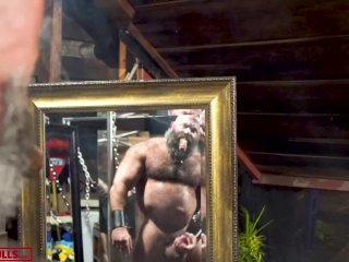 HUGE DICK MUSCLE SMOKING CIGAR AND STROKING HIS FAT HOG IN MIRRORS