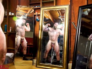ALPHA MUSCLE BULL FLEXING, STROKING HIS COCK IN FRONT OF MIRRORS