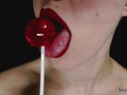 Preview 3 of Hot sexy red lips licking and sucking pop and other food