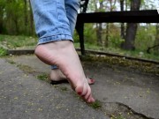 Preview 2 of Barefoot flip flops at park (foot fetish, small feet, public feet, soles)