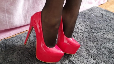 red plateau high heels with nylon fetisch