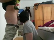 Preview 4 of blowing my hairy cock while he drinks alcohol - huge cumshot on face