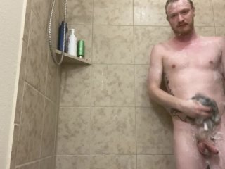huge cumshot, amateur, solo male, shower masturbation