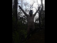 Self bondage and anal torment in the woods for sub in chastity 