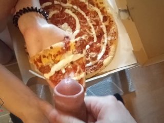 Milf orders a pizza and eats it with delivery guy's sperm on it.