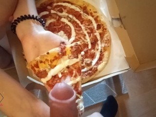 Milf eats cum on pizza