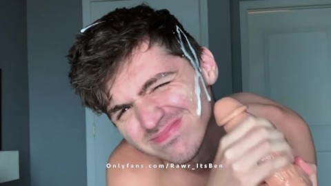 18 gay twink plays with new dildo and gets it to cum on his face!