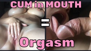 Milf cachonda se masturba y prueba la polla; tiene orgasmo durante el semen en la boca abierta