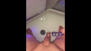 Beating cock & fucking my ass in the shower w/ dildo while Sexting fan 