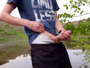 Preview 3 of While no one is on the lake, guy fingering a big dick