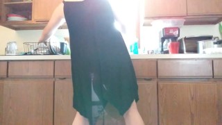 Hot goth tgirl pisses herself doing the dishes