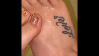 Playing with your CUM on my TOES & TITS