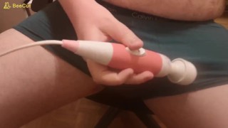 Chubby boy cums into boxers briefs while playing with vibrating wand