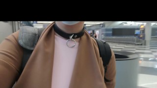SLAVE Wearing A Slave Collar Strolls Through The Airport