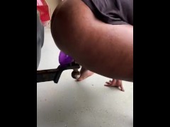 Riding and cumming on a dildo stuck on the trailer hitch outdoors