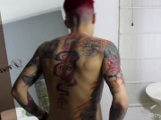 Preview 1 of Tattooed Colombian Twink Max Stiven Strokes Cock While Looking In Mirror