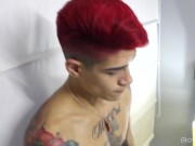 Preview 2 of Tattooed Colombian Twink Max Stiven Strokes Cock While Looking In Mirror