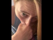 Pretty young babe blows giant cock to perfection