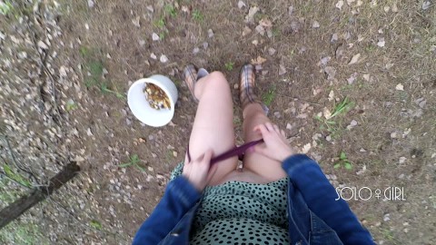 Innocent teen public play with pussy in the forest, masturbating outside