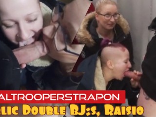 Public Double Blowjob: Mouthful of Salty Meatballs