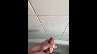 Playing with my hard wet dick in the shower with big cumshot 