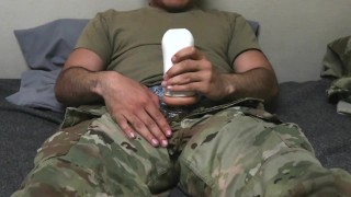 Soldier uses a fleshlight and creampies it