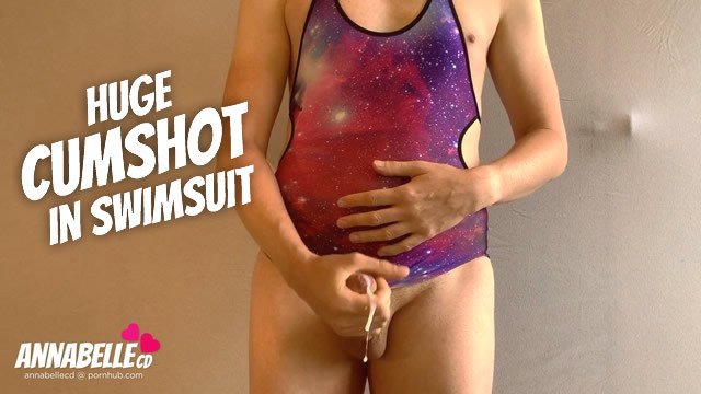 Geeky Dutch Crossdressing Shemale Sprays Cumshot in Space Swimsuit with JOI