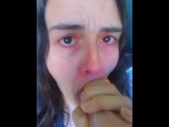 Pink Teary Eyed Sucks on Big Dildo Play Toy Lick Gags Chokes Blowjob