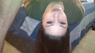 Shy Wife Gets Throat Fucked Upside Down & Plays With Cum After Huge Facial