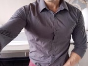 Husband comes home from work, shirt was too tight, veins popping cum eating