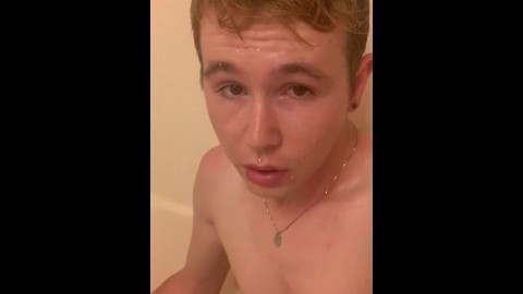 Twink jerks pierced cock in shower.
