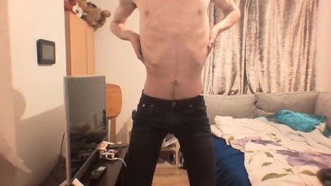 very skinny teen shows off his ribs and small ass in tight jeans