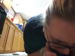 Chubby Girl Sucks in the Kitchen Cuffed