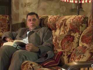 Teen brunette hard sex with horny grandpa on the couch screenshot number 1
