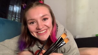 White Attractive Girl Uses Paintbrushes To Insert Objects While Masturbating