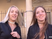 Preview 1 of GERMAN SCOUT - TWO CRAZY TEENS PUBLIC FLASH AND FFM FUCK AT REAL STREET PICKUP CASTING