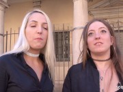 Preview 2 of GERMAN SCOUT - TWO CRAZY TEENS PUBLIC FLASH AND FFM FUCK AT REAL STREET PICKUP CASTING