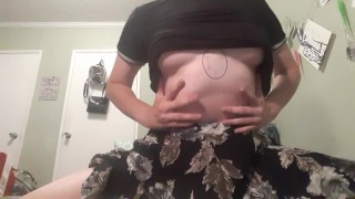 Cute Trans Boy Shows off his Tits and Little Dick in a Skirt