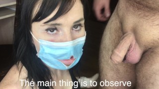 Wearing A Mask And Gloves Gives A Blowjob COVID 19 Using A Dick With Words