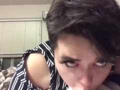 cute chubby femboy gags and drools on big dildo