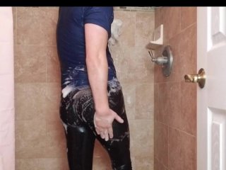 Spandex Boy Getting Wet and Soapy in Shower in_Tights AfterYoga Class