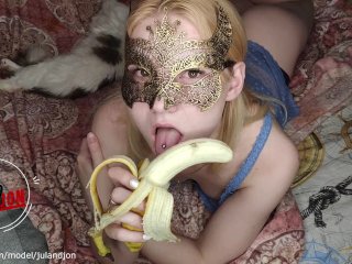 Deepthroat training. Hot blonde teen show deep dlowjob with banana. 1080FULL HD, 60FPS. JULANDJON.