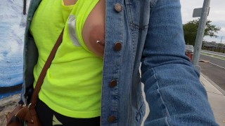 Day with Wife no bra side boob shirt with pierced nipples in public flashing